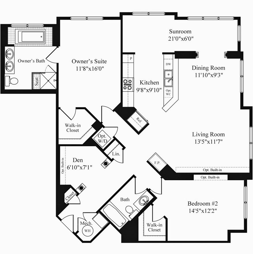 The Berkley model has two bedrooms with two baths and a generously sized open living area including a sunroom, a kitchen, a dining room and a living room with a fireplace.