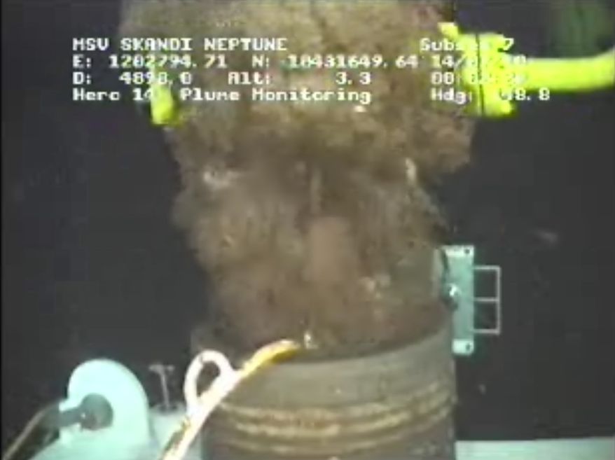 In a photo made from video provided by BP PLC, oil emerges from the damage wellhead Wednesday morning July 14, 2010 at 1:04 a.m. EDT in the Gulf of Mexico. (AP Photo/BP PLC)
