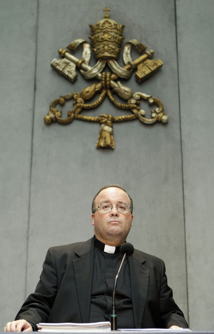 Monsignor Charles Scicluna, the Vatican's sex crimes prosecutor, talks to the media during a briefing to present a new set of norms that the Vatican issued to respond to the worldwide clerical abuse scandal, cracking down on priests who rape and molest minors and the mentally disabled, at the Vatican, Thursday, July 15, 2010. (AP Photo/Andrew Medichini)