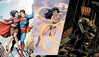Covers of Superman, No. 700 and  Wonder Woman, No. 600 from DC Comics and Wolverine, No. 900 from Marvel Publishing