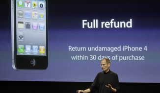 Apple CEO Steve Jobs talks about the Apple iPhone 4 at Apple headquarters in Cupertino, Calif., Friday, July 16, 2010. (AP Photo/Paul Sakuma)