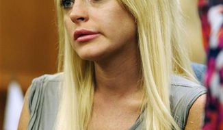 FILE - In this Jan. 9, 2011 file photo, actress  Lindsay Lohan is shown at an NBA basketball game between the Los Angeles Laker and the New York Knicks in Los Angeles. Authorities released the 911 call made by Dawn Holland, a Betty Ford Center worker claiming that Lindsay Lohan hit her during a December argument at the facility.  (AP Photo/Alex Gallardo, file)