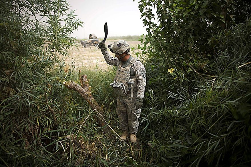 A U.S. Army soldier of the 1st Battalion 320th Alpha Battery, 2nd Brigade of the 101st Airborne Division, clears undergrowth to lay protective razor wire outside the walls of Combat Outpost Nolen, in the volatile Arghandab Valley, in Kandahar, Afghanistan, Thursday, July 22, 2010. (AP Photo/Rodrigo Abd)