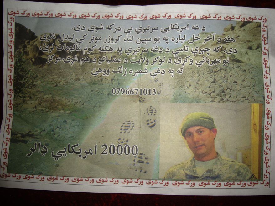 A leaflet distributed Sunday by the U.S. military to civilians in Logar province, east of Kabul, Afghanistan, shows a missing U.S. Navy sailor with an offer of a $20,000 for information on his whereabouts. The leaflet reads: "This American troop is missing. He was last seen in a white Land Cruiser vehicle. If you have any information about this solider, kindly contact the Logar Joint Coordination Center." U.S. and NATO officials confirmed that two American Navy personnel disappeared Friday in the eastern province of Logar, after an armored sports utility vehicle was seen driving into a Taliban-held area. (Associated Press)