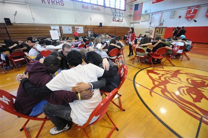 In this April 29, 2010 publicity image released by MTV, students from Rancocas Valley Regional High School in Mount Holly, N.J., participate in a Challenge Day program during filming of the MTV series &quot;If You Really Knew Me,&quot; premiering Tuesday, July 20, 2010 at 11:00 p.m. EST on MTV.  Challenge Day aims to spread awareness and understanding of diversity to inspire change. (AP Photo/MTV, Brad Barket)