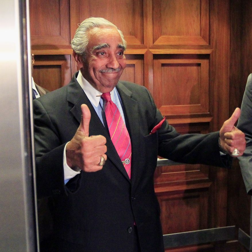 Rep. Charles B. Rangel, New York Democrat, gives a thumbs-up as he gets on an elevator on his way for a vote on Capitol Hill in Washington on Wednesday, July 28, 2010. (AP Photo/Alex Brandon)