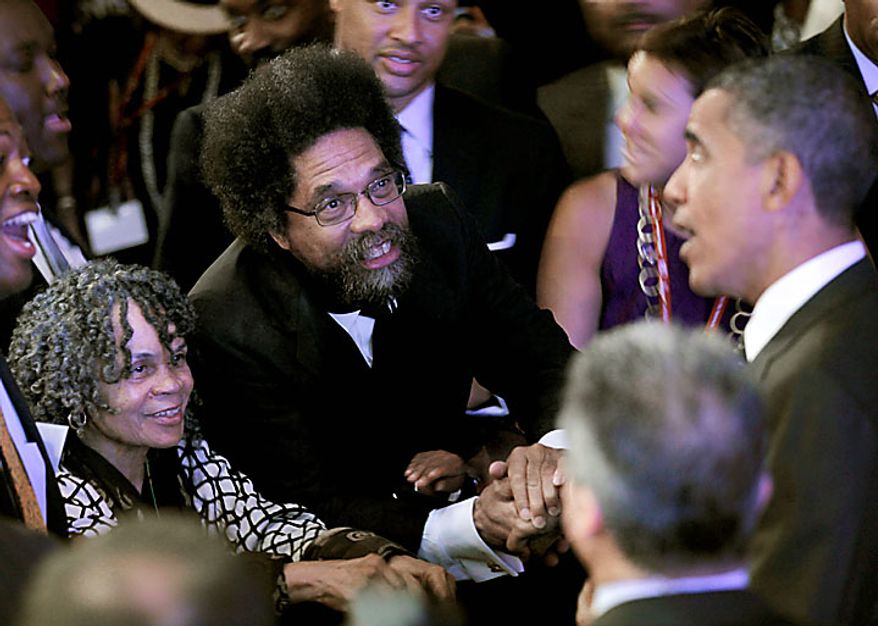President Obama (right) shakes hands with Princeton University Professor Cornel West (center) and poet Sonia Sanchez (left) after delivering remarks at the National Urban League&#39;s 100th anniversary convention in Washington on Thursday, July 29, 2010. (AP Photo/Pablo Martinez Monsivais) ** FILE **