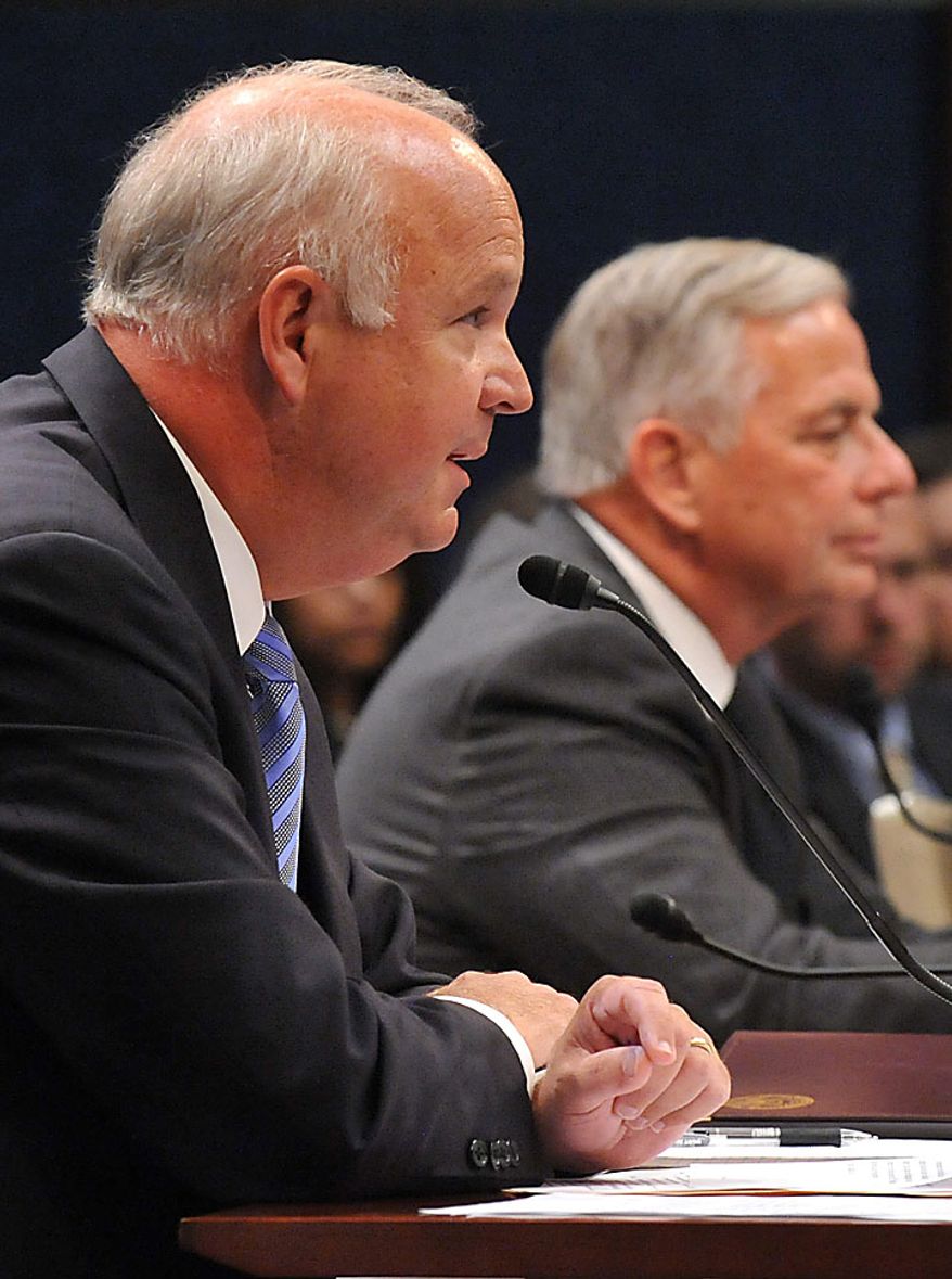 Rep. Jo Bonner (R-AL) (L) and Rep. Gene Green (D-TX) testify before a House Ethics Subcommittee hearing on the alleged ethics violations conducted by Rep. Charlie Rangel, in Washington on July 29, 2010. Bonner and Green announced Rangel's charges which include allegations including failure to pay taxes, misuse of rental property and soliciting funds for a center at City College of New York. UPI/Kevin Dietsch