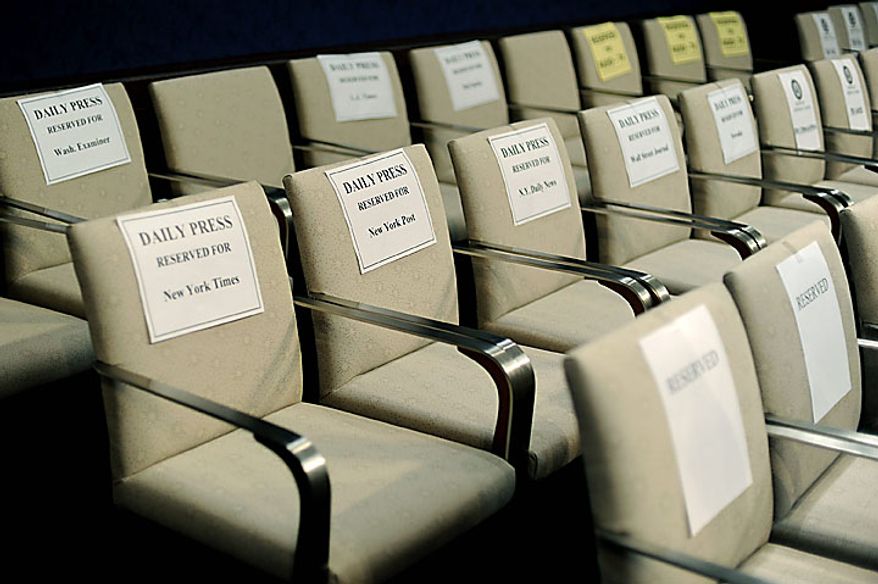 Chairs reserved for various news outlets, including a row for New York City newspapers, is seen prior to a House Ethics Committee's hearing on the ethical charges brought up against Rep. Charlie Rangel (D-NY), in Washington on July 29, 2010. Rangel's allegations include failure to pay taxes, misuse of rental property and acceptance of "dirty" campaign contributions, among other accusations. UPI/Kevin Dietsch