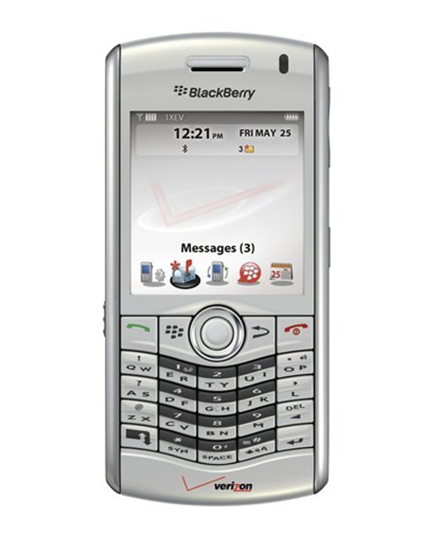 FILE - This undated file photo provided by Verizon Wireless shows the Blackberry Pearl smart phone. The United Arab Emirates said Sunday Aug. 1, 2010 it plans to block some messaging and web services on BlackBerry smart phones beginning in October. UAE authorities said last week BlackBerry services could pose a threat to national security. (AP Photo/Verizon Wireless/File)