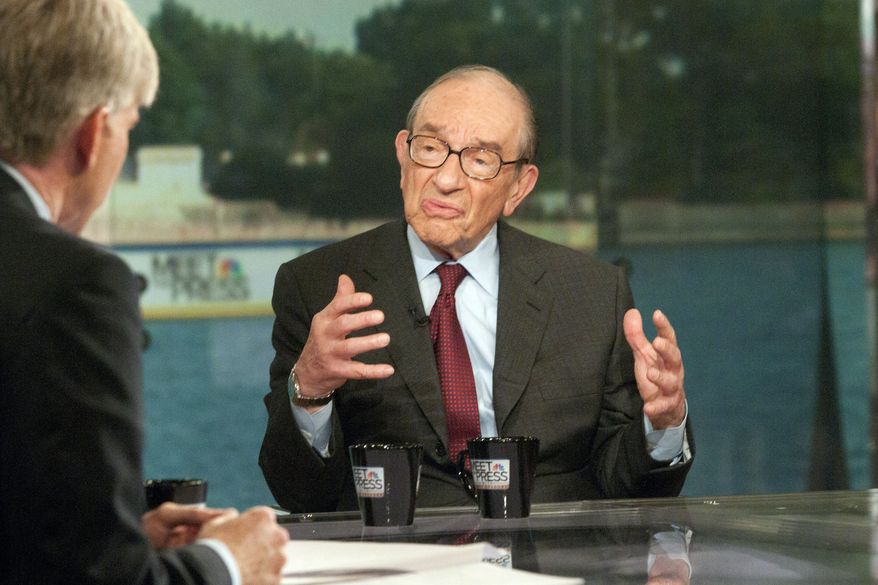 "Meet the Press" moderator David Gregory (left) interviews former Federal Reserve Chairman Alan Greenspan on Sunday, Aug. 1, 2010. Mr. Greenspan said a rising stock market will do more to stimulate the economy than any of the remedies now being discussed. (AP Photo/NBC, Stephen J. Boitano)