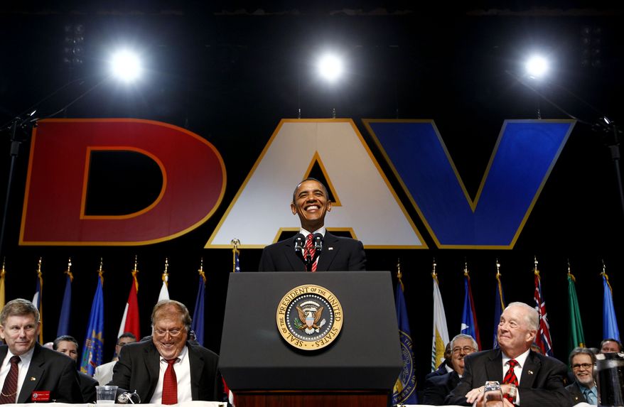 President Obama speaks about Iraq and Afghanistan, Monday, Aug. 2, 2010, at the Disabled American Veterans national convention in Atlanta. (AP Photo/Charles Dharapak)