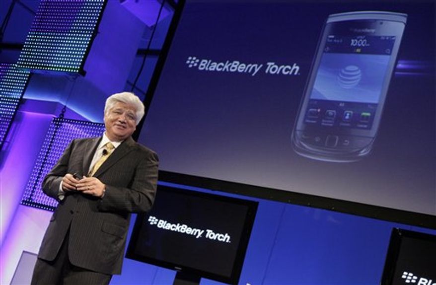 Mike Lazaridis, president and Co-Chief Executive Officer of Research In Motion, talks about his company's new BlackBerry Torch, in New York, Tuesday, Aug. 3, 2010. (AP Photo/Richard Drew)