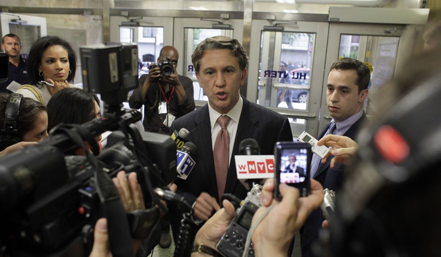 Rick Lazio, Republican candidate for governor of New York, speaks to reporters about his opposition to a proposal to build a mosque near the site of the World Trade Center during a Landmarks Commission hearing, Tuesday, July 13, 2010 in New York. (AP Photo/Mary Altaffer)