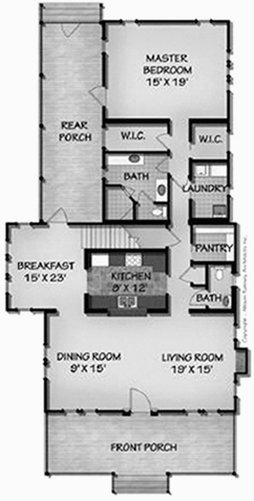 The Gunnell Cottage features front and rear porches and a first-floor master suite with two walk-in closets and a private luxury bath. Two more bedrooms, a full bath and a loft are on the upper level.