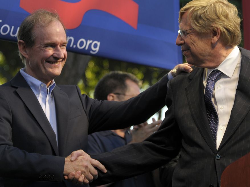 Lawyers David Boies, left, and Theodore Olson, shake hands at a public rally on Wednesday, Aug. 4, 2010, in West Hollywood, Calif. Gay rights supporters turned out in droves to celebrate a federal judge's overturning of California's Proposition 8, a same-sex marriage ban, a landmark case which could eventually land before the U.S. Supreme Court to decide if gays have a constitutional right to marry in America. (AP Photo/Adam Lau)