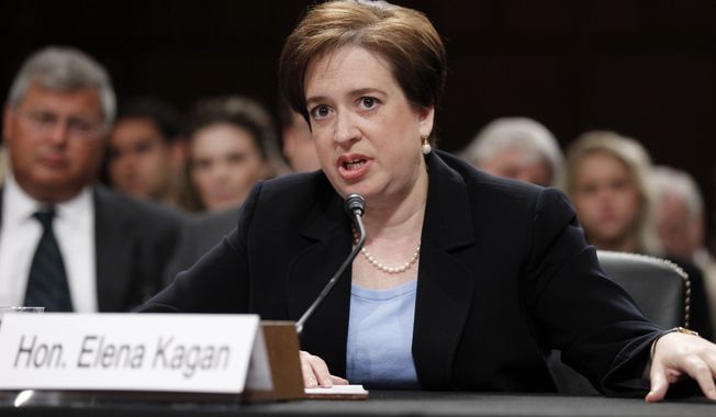 In this June 30, 2010 file photo, Supreme Court nominee Elena Kagan testifies on Capitol Hill in Washington, before the Senate Judiciary Committee hearing on her nomination. On Thursday, Aug. 5, the Senate confirmed Kagan as the 112th justice. (AP Photo/Alex Brandon, File)

