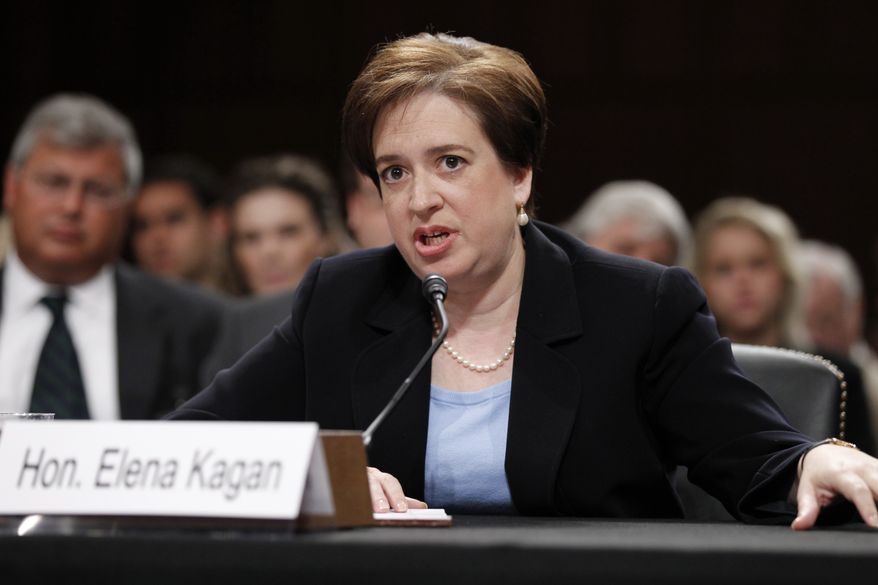 In this June 30, 2010 file photo, Supreme Court nominee Elena Kagan testifies on Capitol Hill in Washington, before the Senate Judiciary Committee hearing on her nomination. On Thursday, Aug. 5, the Senate confirmed Kagan as the 112th justice. (AP Photo/Alex Brandon, File)
