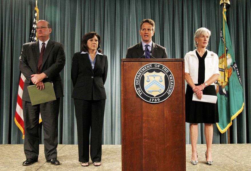 Treasury Secretary Timothy Geithner, second from right, speaks about the Social Security and Medicare Trustees Report, Thursday, Aug. 5, 2010, at the Treasury Department in Washington. Joining him, from left are, Social Security Administration Commissioner Michael J. Astrue, Labor Secretary Hilda Solis, and Health and Human Services Secretary Kathleen Sebelius. (AP Photo/Charles Dharapak)