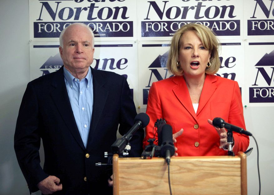Associated Press
Arizona Sen. John McCain lends support Sunday in Centennial, Colo., to a fellow Republican, former Colorado Lt. Gov. Jane Norton, in her bid for the party's senatorial nomination in Tuesday's primary.