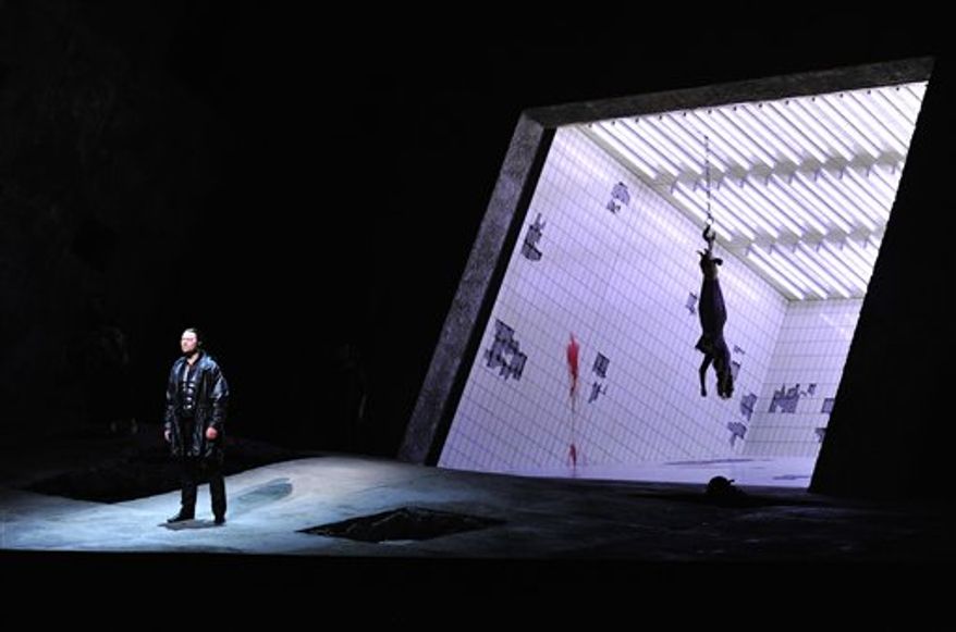 In this picture taken Aug. 6, 2010 Adam Plachetka in the role of Masetto, Anna Prohaska as Zirlana, Dorothea Roeschmann as Donna Elvira, Aleksandra Kurzak as Donna Anna, Joel Prieto as Don Ottavio, from left to right, and Erwin Schrott, top, as Leporello perform during a dress rehearsal for the opera "Don Giovanni" from Wolfgang Amadeus Mozart in Salzburg, Austria. Premiere is on Monday, Aug. 9, 2010 as part of the Salzburg Festival. (AP Photo/Kerstin Joensson)