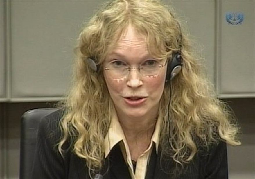 Carole White the former agent of model Naomi Campbell is seen in this image taken from TV as she gives evidence at the U.N.-backed Special Court for Sierra Leone in Leidschendam, Netherlands, Monday, Aug. 9, 2010. White and actress Mia Farrow testifed about a gift of uncut diamonds the former Liberian president allegedly gave model Naomi Campbell after a 1997 party. (AP Photo/Special Tribunal for Sierra Leone, Via APTN)