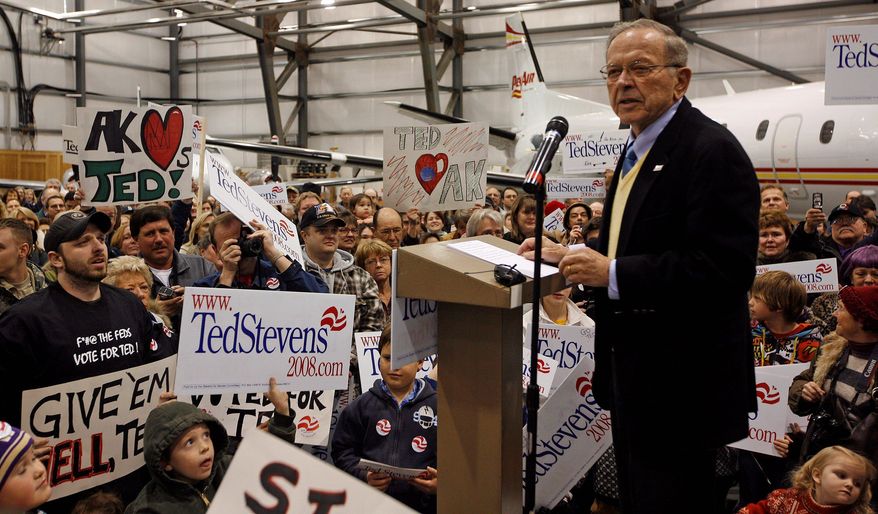 Sen. Ted Stevens, Alaska Republican, talks to supporters in 2008 at a rally welcoming him home. Stevens, a senator from 1968 to 2009, died in a plane crash outside Dillingham, Alaska, on Monday at the age of 86. (Associated Press)