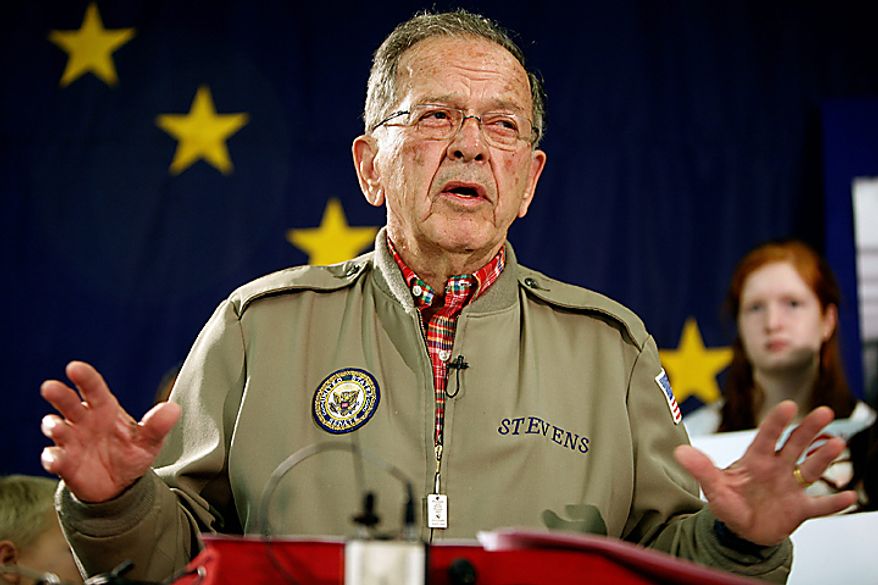 ** FILE ** In this Aug. 4, 2008, file photo, Sen. Ted Stevens, R-Alaska, speaks in Anchorage, Alaska, announcing that he is running for re-election. Stevens was believed to be aboard a plane that crashed amid southwest Alaska's remote mountains and lakes, authorities said Tuesday, Aug. 10, 2010. (AP Photo/Al Grillo, File)