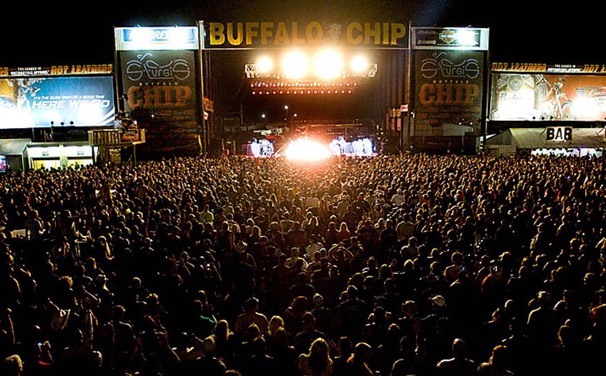 The Buffalo Chip Campground concert grounds is packed Monday, Aug. 9, 2010 as thousands of bikes and bikers fill the infield in for the ZZ Top performance at the 70th Annual Sturgis Motorcycle Rally. (AP Photo/Steve McEnroe)