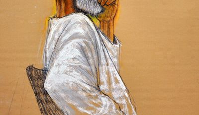 In this photo of a sketch by courtroom artist Janet Hamlin and reviewed by a U.S. Department of Defense official, Ibrahim Ahmed Mahmoud al-Qosi, a 50-year-old al Qaeda cook from Sudan, attends his war crimes trial Wednesday at the Camp Justice compound on Guantanamo Bay U.S. Naval Base in Cuba. (Associated Press)