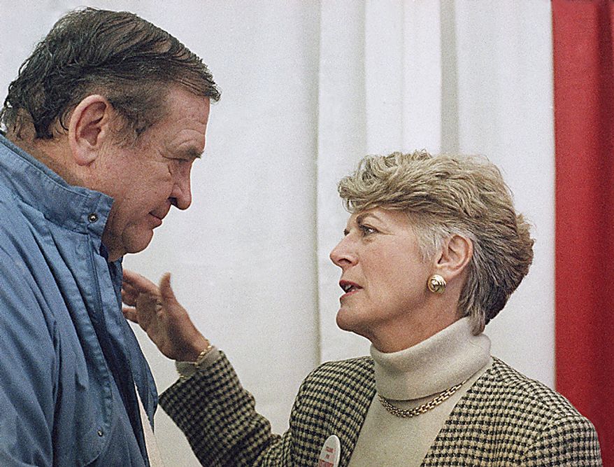 Rep. Dan Rostenkowski, left, chats with former 1984 Democratic vice presidential candidate Geraldine Ferraro during a campaign rally on Sunday, March 13, 1994 at Rostenkowski's campaign headquarters in Chicago, Illinois. Ferraro said she volunteered to campaign for Rostenkowski. (AP Photo/Fred Jewell)