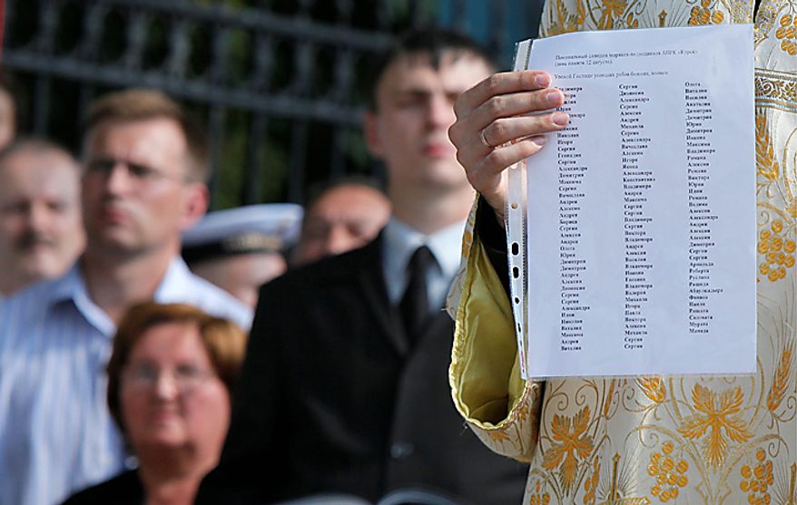 A clergyman of the St. Nicolas Cathedral holds list of submarine disaster victims in St.Petersburg, Russia, Thursday, Aug. 12, 2010. Russian navy ships are flying flags at half-mast and memorial ceremonies are being held across the nation to commemorate the 10th anniversary of the Kursk nuclear submarine disaster. (AP Photo/Dmitry Lovetsky)