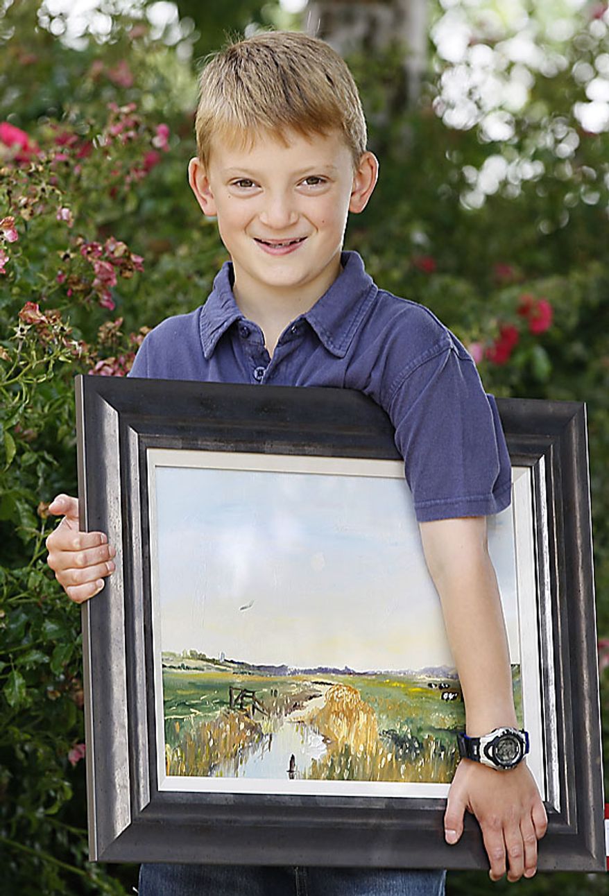 In this Thursday, Aug. 12, 2010 Kieron Williamson, an eight-year-old painting prodigy holds one of his paintings in Holt, Norfolk in England. He's Britain's most talked-about young artist. His paintings sell for thousands of dollars and there's a long waiting list for his eagerly anticipated new works. (AP Photo/Kirsty Wigglesworth)
