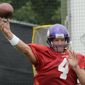 ASSOCIATED PRESS Minnnesota Vikings quarterback Brett Favre throws a pass during NFL football training camp, Wednesday, Aug. 18, 2010 in Eden Prairie, Minn. After staying away from training camp, Favre was practicing less than 24 hours after the team sent three of his closest friends to Mississippi to bring him back following another summer of indecision. 