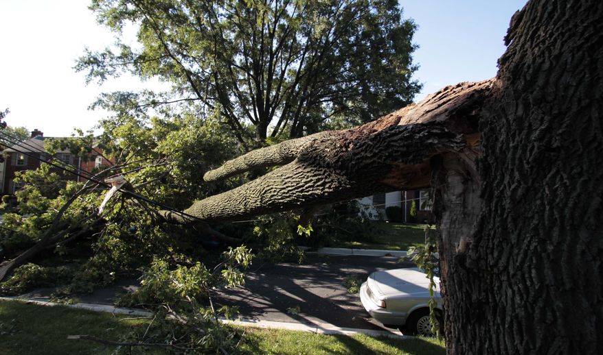 ASSOCIATED PRESS A tree fallen by Sunday's storm, blocks a street in Silver Spring, Md., near Washington, Monday, July 26, 2010. It could take days to restore power to hundreds of thousands of people in and around Washington after a storm downed power lines and trees and left four people dead, officials said Monday.
