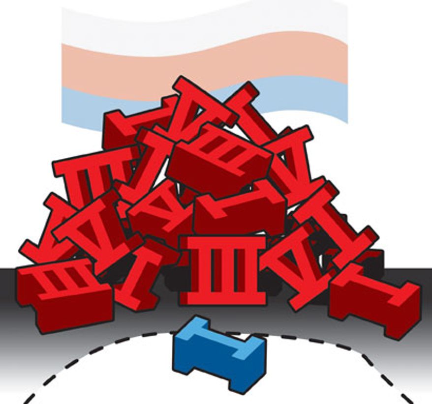 Illustration: Russian arms by Linas Garsys for The Washington Times