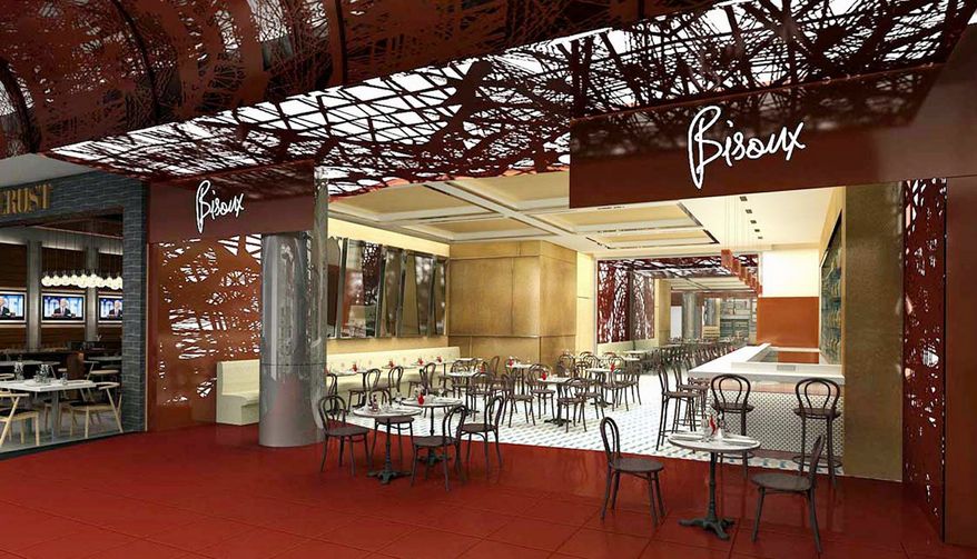 An artist's rendering shows Bisoux, one of the restaurants set to open in the Delta Air Lines terminal at LaGuardia Airport. With travelers waiting longer, more airports are installing sit-down restaurants. (ICrave via Associated Press)