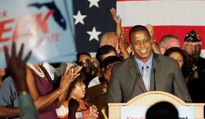 Associated Press
Florida Democratic Senate nominee Kendrick B. Meek savors the moment as supporters chant the four-term congressman&#39;s name in Hollywood, Fla., at his victory party.
