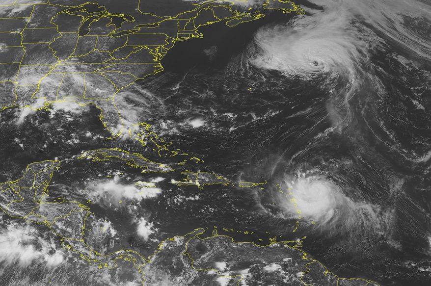This NOAA satellite image taken Sunday, Aug. 29, 2010, at 01:45 PM EDT shows Category 1 Hurricane Danielle, located about 500 nautical miles northeast of Bermuda, moving northeastward at 23 knots. Danielle is beginning to weaken as it picks up speed in forward motion. Scattered moderate and isolated strong convective activity continues to accompany Danielle. To the south, Category 1 Hurricane Earl, centered about 165 nautical miles east of Antigua, is moving northwestward at 15 knots. Earl is forecast to strengthen over the next couple of days and could reach major hurricane status by Tuesday. Meanwhile, an area of low pressure located midway between the west coast of Africa and the Lesser Antilles has a high chance, 80 percent, of becoming a tropical cyclone during the next couple of days. (AP PHOTO/WEATHER UNDERGROUND)
