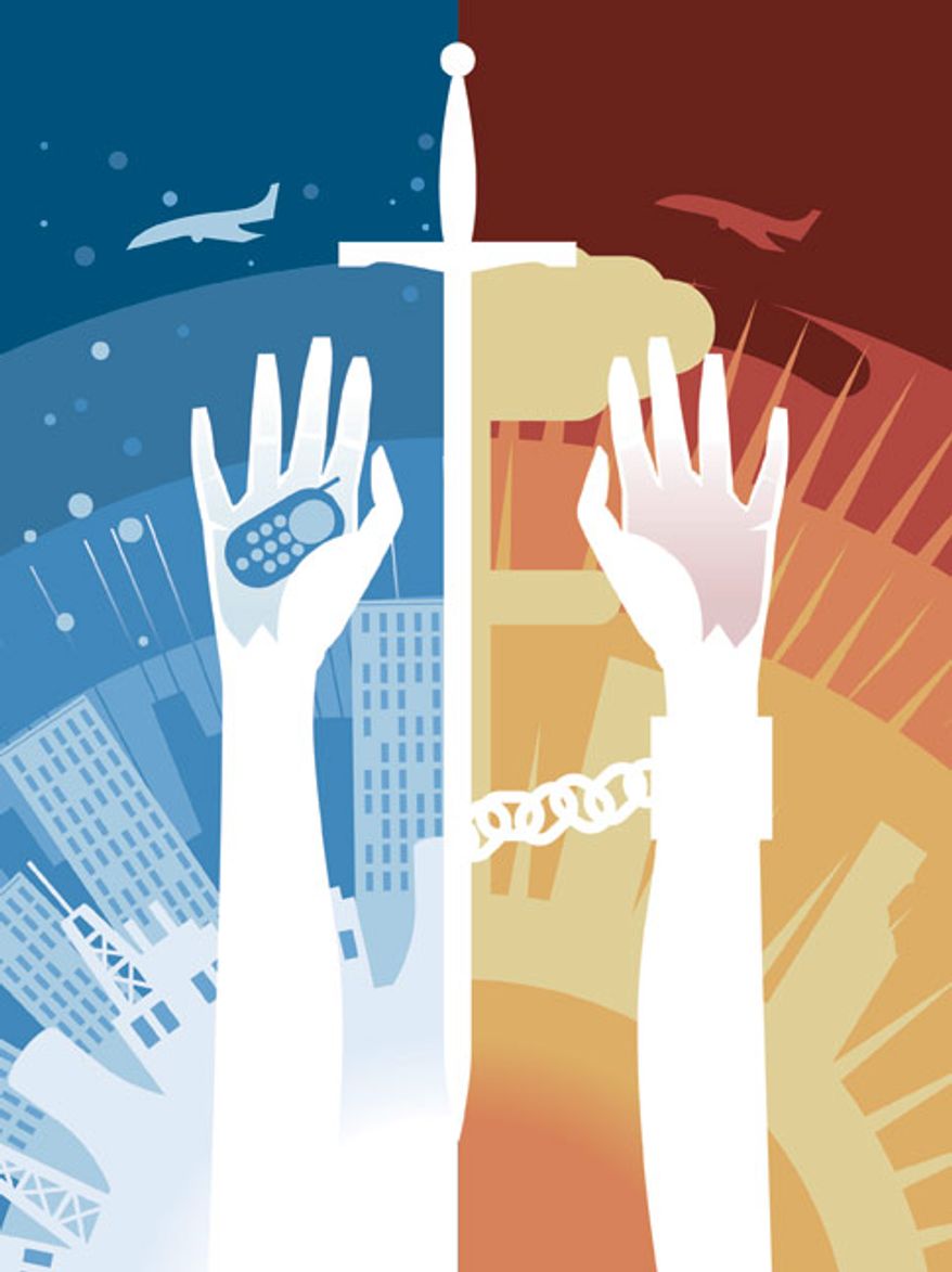 Illustration: Tyranny and freedom by Linas Garsys for The Washington Times