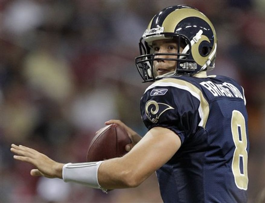 St. Louis Rams quarterback Sam Bradford throws during the first quarter of a preseason NFL football game against the Baltimore Ravens on Thursday, Sept. 2, 2010, in St. Louis. (AP Photo/Jeff Roberson)