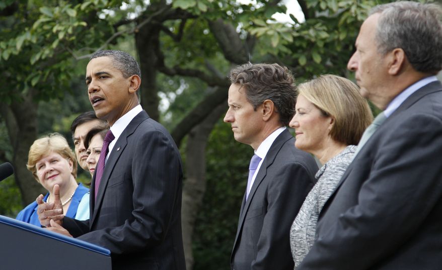President Barack Obama, center, delivers a statement on the monthly jobs number on Friday, Sept. 3, 2010, in the Rose Garden of the White House in Washington. From left are, outgoing Council of Economic Advisers Chair Christina Romer, Commerce Secretary Gary Locke, Labor Secretary Hilda Solis, the president, Treasury Secretary Timothy Geithner, Small Business Administrator (SBA) Karen G. Mills and National Economic Council Director Lawrence Summers. (AP Photo/Pablo Martinez Monsivais)