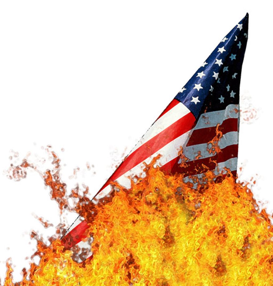 Illustration: Flag burning by Greg Groesch for The Washington Times