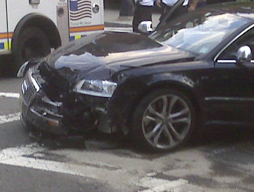 This cell phone photo provided by John McMahon shows an automobile driven by New England Patriots quarterback Tom Brady after it was involved in an early morning accident in Bosto on Thursday, Sept. 9, 2010. (AP Photo/John McMahon)