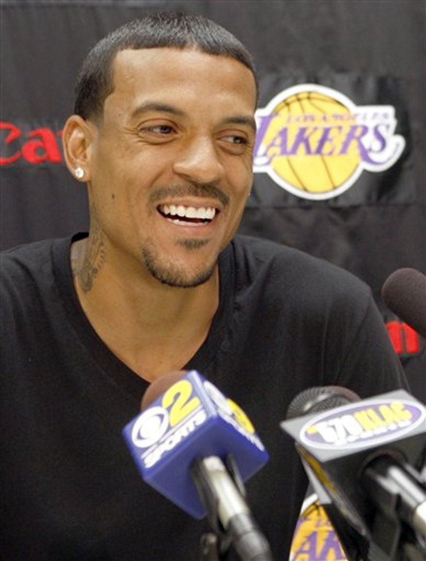 FILE - Newly signed Los Angels Laker Matt Barnes speaks to media during an introductory press conference in El Segundo, Calif. in this July 27, 2010 file photo. Sacramento County authorities say Barnes was arrested Wednesday Sept. 8, 2010 on suspicion of domestic violence. Barnes was booked into the Sacramento County Jail on suspicion of domestic violence and maliciously obstructing the use of a telephone line. He posted a $50,000 bond and was released. (AP Photo/Nick Ut, File)