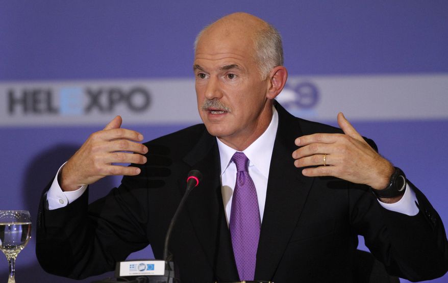 Greek Prime Minister George Papandreou addresses the media during a news conference on Sunday, Sept. 12, 2010, a day after his keynote speech on the economy in Thessaloniki, Greece. The prime minister said the Greek government is planning no new austerity measures as part of its efforts to pull the country out of debt. (AP Photo/Dimitri Messinis)