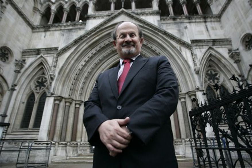 FILE - This Tuesday Aug. 26, 2008 picture shows Sir Salman Rushdie in front of central London's High Court. "The Satanic Verses" author is not a great fan of organized worship but believes an Islamic center and mosque should be permitted two blocks from ground zero. Rushdie's satirical novel led in the 1980s to worldwide riots by Muslims and calls for his death. He said in an interview Monday, Sept. 13, 2010 that he understands the "sensitivities" of building the site close to where thousands were killed during on Sept. 11, 2001. But he says First Amendment rights to freedom of speech and religion should be honored. He adds that he is "not personally" a lover of mosques or any place of worship. (AP Photo/Lefteris Pitarakis)