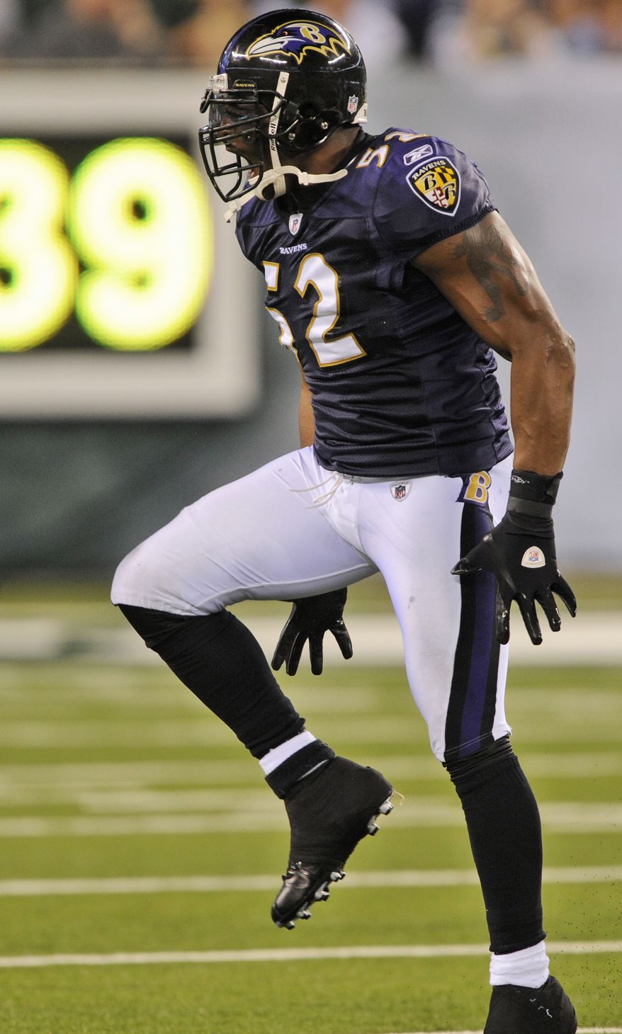 ASSOCIATED PRESS Baltimore Ravens linebacker Ray Lewis  reacts to a play during the third quarter of an NFL football game against the New York Jets at New Meadowlands Stadium in East Rutherford, N.J., Monday, Sept. 13, 2010.