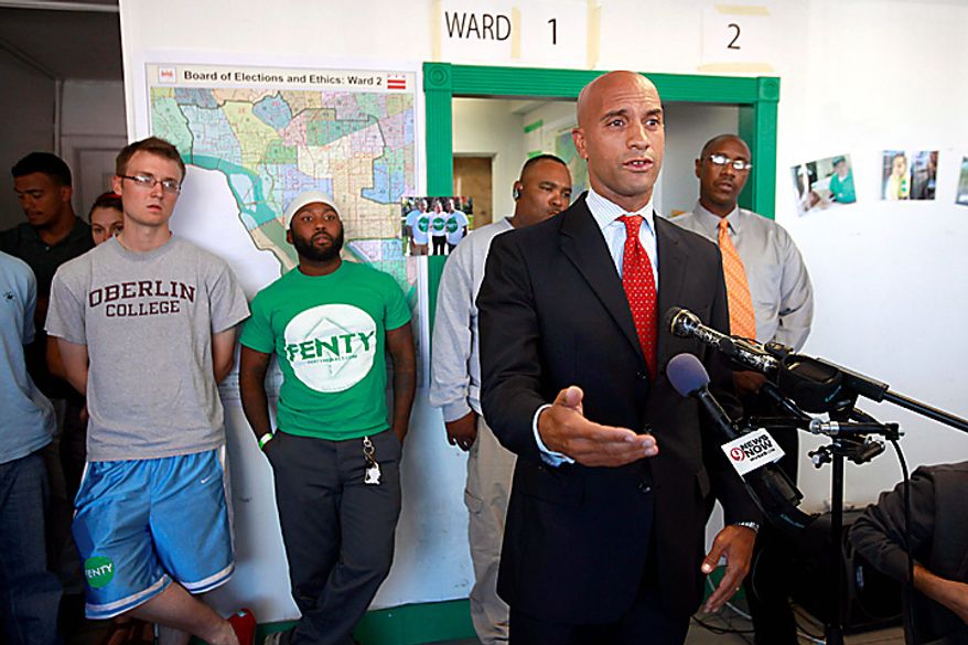 Washington Mayor Adrian Fenty speaks during a news conference in Washington, Wednesday Sept. 15, 2010. Fenty lost his Democratic primary re-election bid Tuesday, against Council Chairman Vincent Gray, (AP Photo/Jacquelyn Martin)