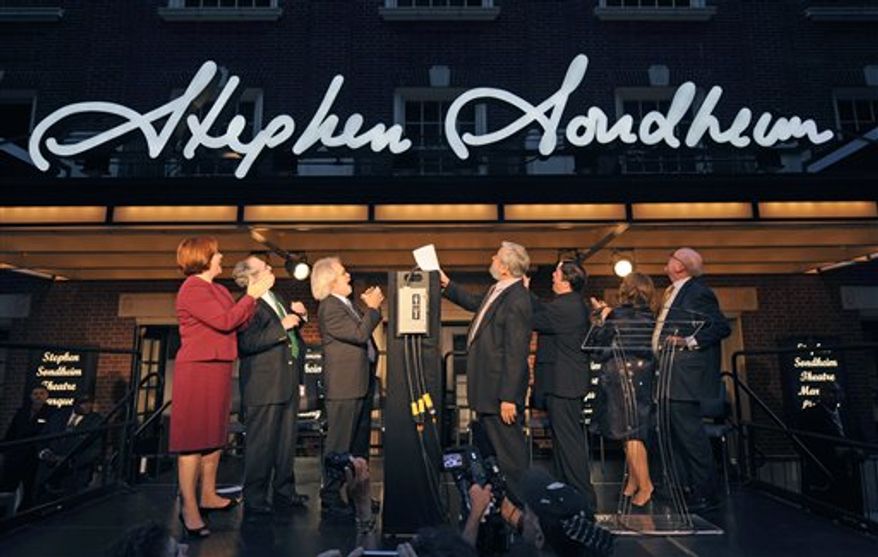 Nathan Lane speaks at the lighting of the marquee on the Stephen Sondheim Theatre on West 43rd St. in Times Square, Wednesday, Sept. 15, 2010 in New York. (AP Photo/Henny Ray Abrams)